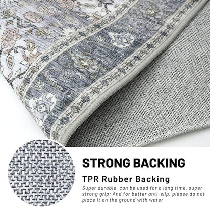 KUTA Vintage Long Runners for Hallways, 2.6x12 Grey Blue Washable Non-Slip Kitchen Rugs Ultra Thin Soft Printed Distressed Oriental Floral Floor Carpet for Laundry Bedroom Living Room Nursery