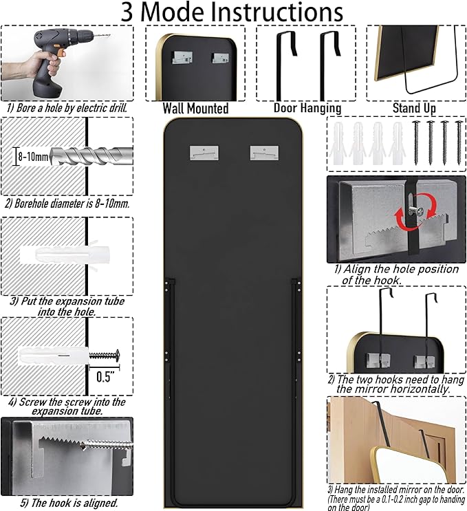 SCWF-GZ 57x20 Door Hanging Full Length Mirror, Floor (Height 5.7ft just Body in 1.3ft) or Wall Mounted Metal Frame Rectangle Dressing Mirrors for Bedroom Bathroom Living Room 57 inch Gold