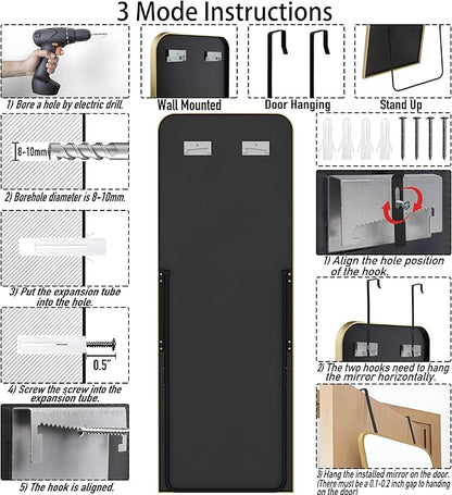 SCWF-GZ 57x20 Door Hanging Full Length Mirror, Floor (Height 5.7ft just Body in 1.3ft) or Wall Mounted Metal Frame Rectangle Dressing Mirrors for Bedroom Bathroom Living Room 57 inch Gold