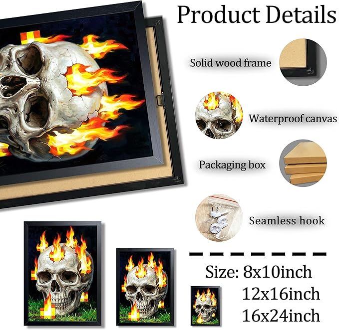 Burning Skull Wall Art, Gamer Style Wall Decor, With Pixel Fire Skull Canvas Print, Boys Room Decor, Dark Gothic Horror Painting Poster for Bedroom Game Room 12x16 Inch Wood Framed