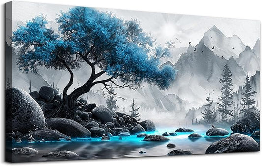 Lapremoly Black And White Painting Canvas Wall Art For Living Room, Office, Bedroom - Large Blue Tree Landscape Wall Pictures - Hotel Artwork Posters - Family Home Decor