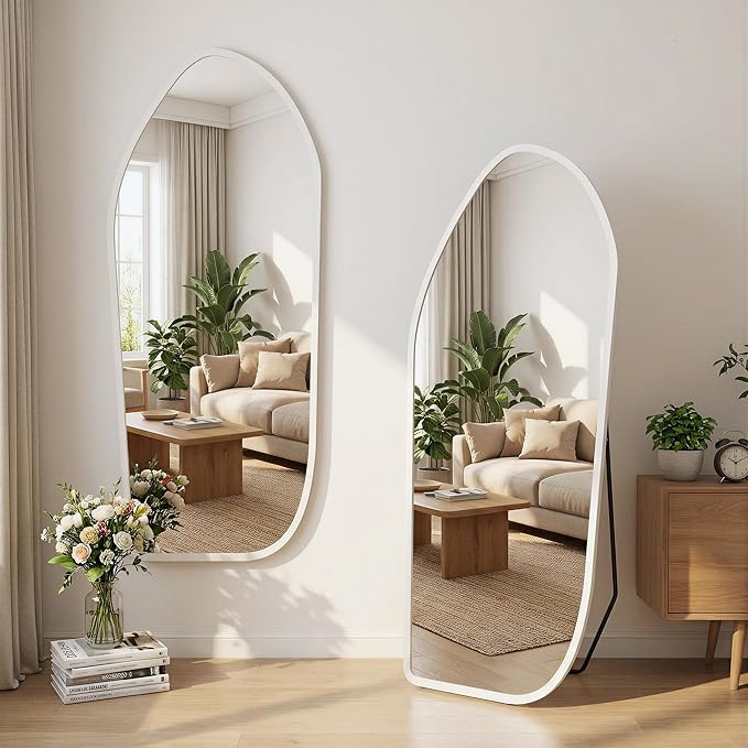 Suidia Full Length Mirror, Oversized Floor Mirror with Solid Wood Frame, Large Standing Mirror for Bedroom Living Room, Wood Art Style, White, 74" L x 32" W