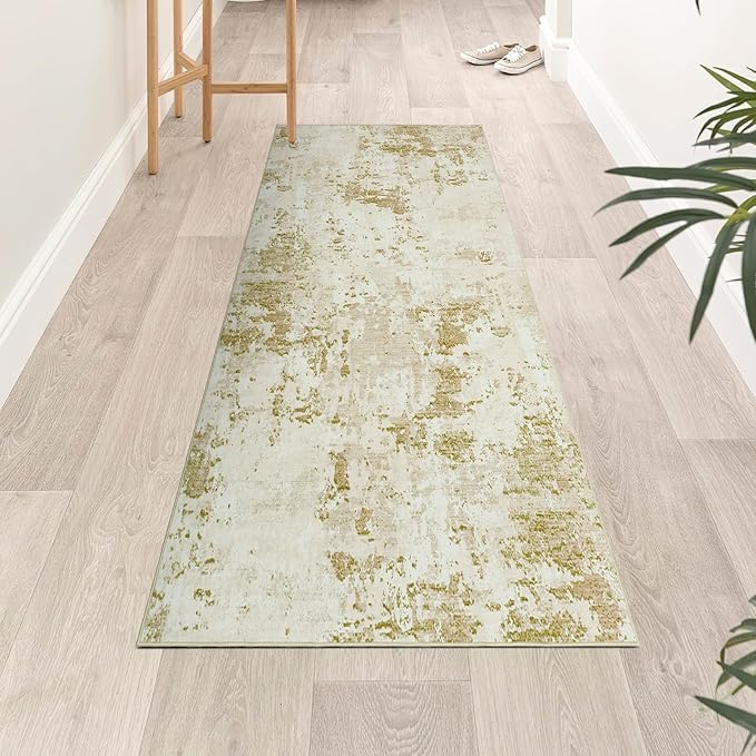 ROYHOME Modern Abstract 2x8 Runner Rug Washable Non Slip Stain Resistant Rug for Hallway Kitchen Bedroom Non Shedding Low Pile Indoor Floor Cover,Golden Grey