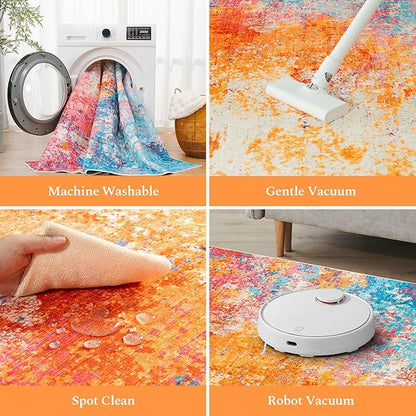 Rugflix 10x14 Area Rugs for Living Room, Washable Colorful Rainbow Rug Stain-Resistant Low Pile, Large Carpet Non-Slip for Kids Girls Room Nursery Bedroom Home Office