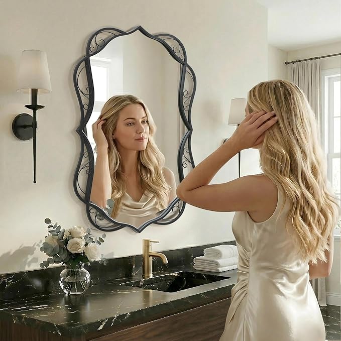 Besdomus Modern Black Bathroom Mirror: 24"x36" Scalloped Modern Large Bathroom Vanity Mirrors for Over Sink - Farmhouse Decorative Vertical or Horizontal Hanging for Bathroom/Living Room/Entryway