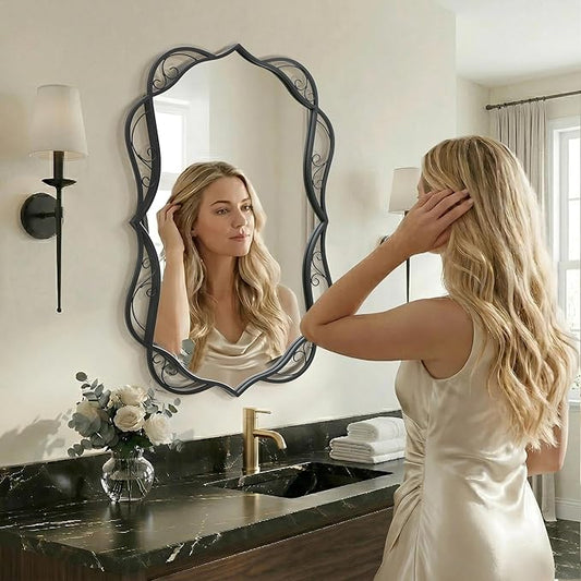 Besdomus Modern Black Bathroom Mirror: 24"x36" Scalloped Modern Large Bathroom Vanity Mirrors for Over Sink - Farmhouse Decorative Vertical or Horizontal Hanging for Bathroom/Living Room/Entryway