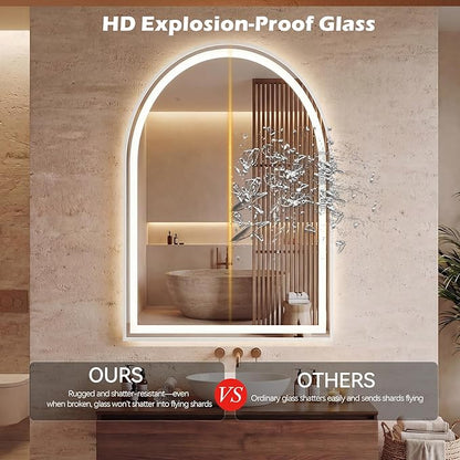 DUMOS 28"×36" LED Bathroom Mirror with Lights, Arched Vanity Mirror with Anti-Fog, Dimmable, 3-Color Light, Memory Function, Front Light and Backlit, Tempered Glass