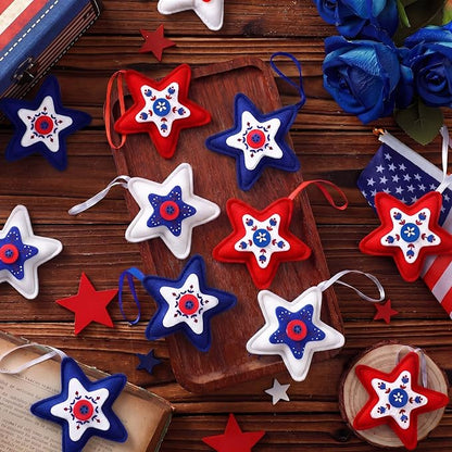 Soulchen 12 Pcs Red White Blue Ornaments Patriotic Felt Star Hanging Ornaments 4th of July Stuffed Star Hanging Decor for 250th Anniversary Memorial Independence Day Farmhouse Party