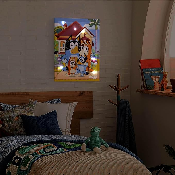 Bluey LED Wall Art for Kids,11.5 x 15.75 Inch Light-Up Canvas Décor with Hanging Hooks, Battery Operated Night Light for Toddlers & Children’s Bedrooms or Playrooms