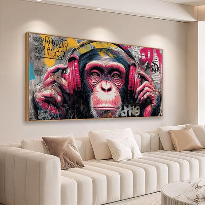 Sorbrozo DJ Gorilla Street Wall Art Print - Colorful Graffiti Canvas Painting with Headphones Music Theme Wall Decor for Boys Room Home and Office 24X48in