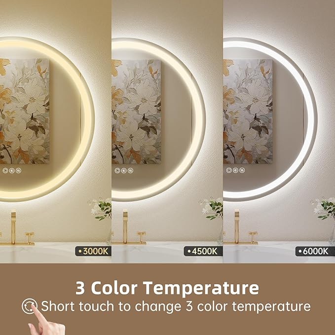 LOVESPEJO 24" Round LED Bathroom Mirror with Lights, Circle LED Mirror for Bathroom, Fogless, Dimmable, 3 Color Changing, IP54, Shatterproof