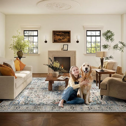 9x12 Area Rugs for Living Room: Washable Bedroom Rug Boho Vintage Rugs Stain Resistant Non Slip Low Pile Soft Lightweight Carpet for Kitchen Dining Room Farmhouse Nursery Kids Room Home Office