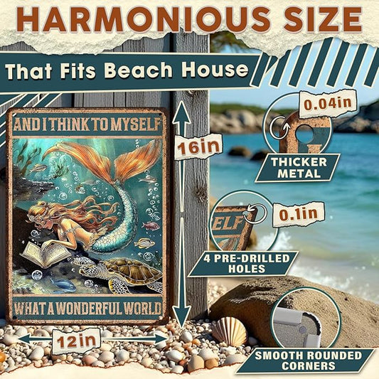Mermaid Wall Decor Vintage Metal Tin Sign Wonderful World Poster Funny Home Cave Bar Decor 12x16inch