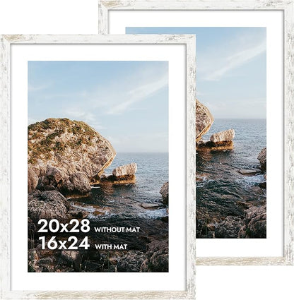 iRahmen 20x28 Poster Frame with 16x24 Mat - Plexiglass Wooden Picture Frames for Photo Wall Gallery Mounting (Distressed-White, Set of 2)