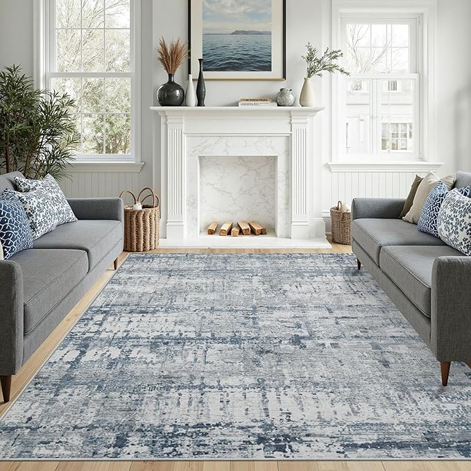 Rugxara Blue Grey 8x10 Area Rugs,Large Soft Rugs for Living Room, Blue Washable Rug, Modern Abstract Rugs for Bedroom Dining Room, Non-Slip Foldable Thin Indoor Carpet Stain Resistant(Blue Grey)