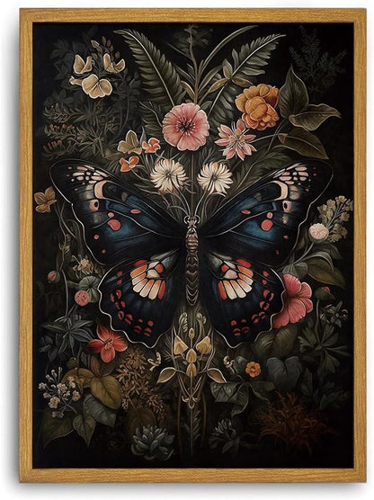 Framed Vintage Butterfly Wall Art Dark Academia Flower Insect Pictures Wall Decor Gothic Paintings Botanical Prints Canvas Artwork for Living Room Bedroom 16x24in