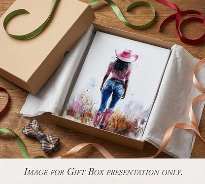 Pink Black Girl Canvas Wall Art Fashion Cowgirl Wall Decor Picture West African American Girl Wilderness Cowgirl Poster Printing for Teen Girls Room Preppy Dormitory Bedroom Artwork Home Decoration