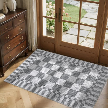 GarveeHome Grey Checkered Rug 2x3 Washable Rug Non-Slip for Entryway, Soft Low-Pile Small Area Rugs, Modern Geometric Rugs for Kitchen