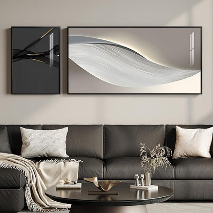 Extra Large Framed Modern Abstract Wall Art for Living Room, Set of 2 Long Horizontal Prints Paintings, Minimalist Black White and Silver Gray Pictures for Hallway Bedroom Dining Room Office Wall Decor
