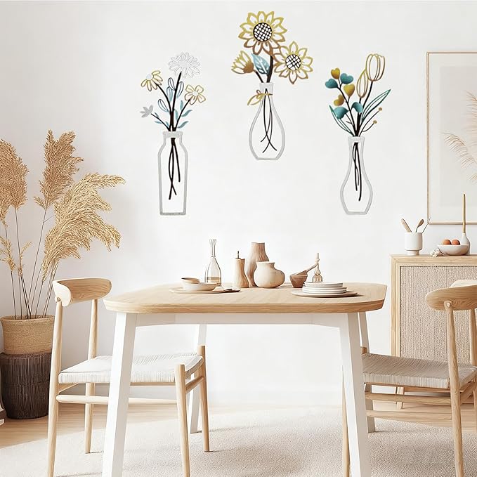 3 Pcs Metal Flowers Wall Decor Rustic Farmhouse Decor Sunflower Minimalist Wall Art Decors for Bathroom Kitchen Living Room Bedroom Office Housewarming Gifts (Beige)
