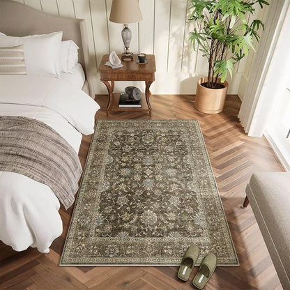 Washable 2x3 Entryway Rug, Boho Non-Slip Door Mat Vintage Distress Small Rugs for Kitchen Nursery Office Bedroom, 0.3" Neutral Oriental Throw Carpet with Cushioning Pad, Tan/Flaxen/Multi, E2