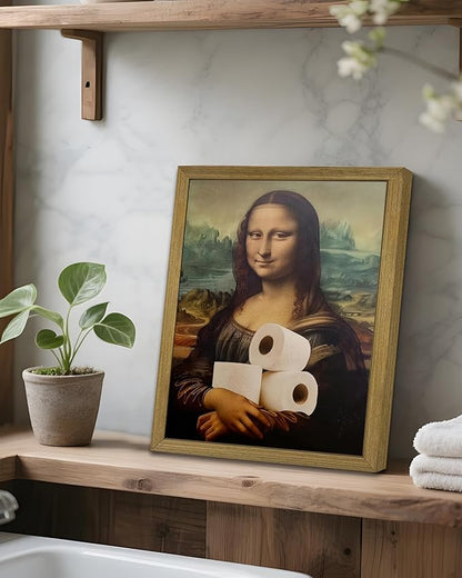 XYHYRA Vintage Mona Lisa Bathroom Wall Art, Funy Abstract Mona Lisa Paper Roll Wall Decor, Humor Amusing restroom Canvas Print Painting for Toilet Bathroom Home Decor 8x10 Inch Framed