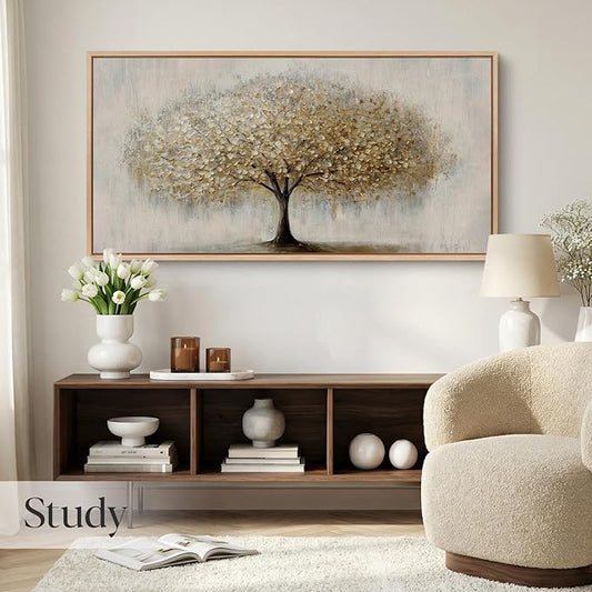 Bzstyleart Large Wood Framed Wall Art Golden Tree of Life Oil Painting Canvas Prints Aesthetic Room Decor Modern Minimalist Home Decor Pictures Artwork for Living Room Bedroom Office 20x40in