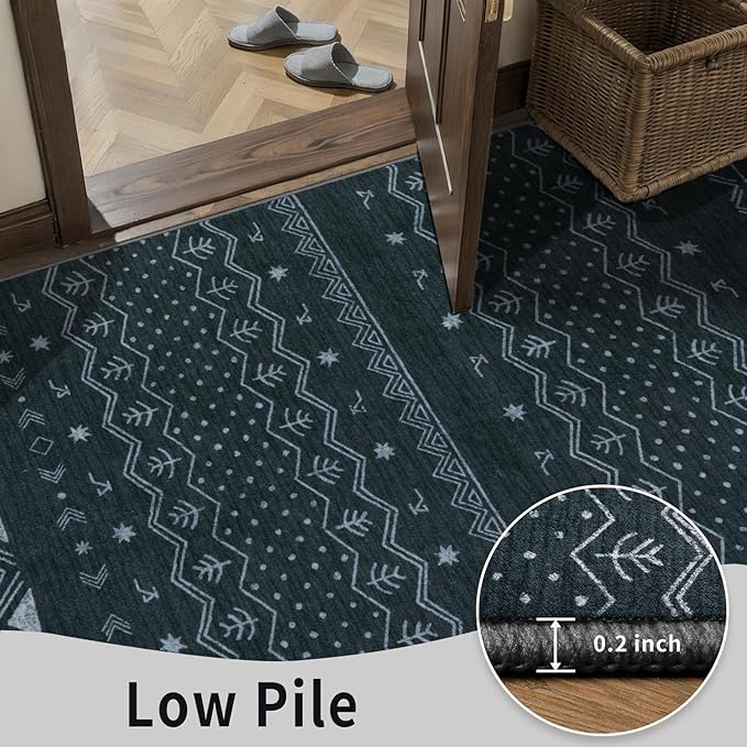 SERISSA 2x5 Kitchen Runner Rug, Washable Non-Slip Grey Boho Rug, Soft Low-Pile Geometric Indoor Carpet for Hallway Laundry Room Bathroom Bedroom Entryway