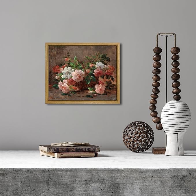 Pyradecor Vintage Wall Decor Retro Framed Canvas Wall Art A Basket with Roses Classical Floral Painting for Living Room Bedroom Farmhouse Decorations