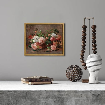 Pyradecor Vintage Wall Decor Retro Framed Canvas Wall Art A Basket with Roses Classical Floral Painting for Living Room Bedroom Farmhouse Decorations