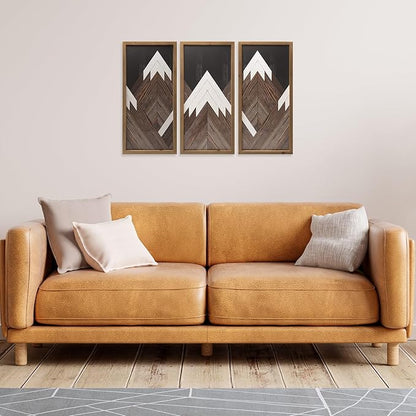 flangairy Set of 3 Mountain Wall Art Framed, 21×10 Inchs Wooden Brown White Abstract Forest Nature Wall Decor, Living Dining Room Bedroom Hallway Rustic Decorations for Home