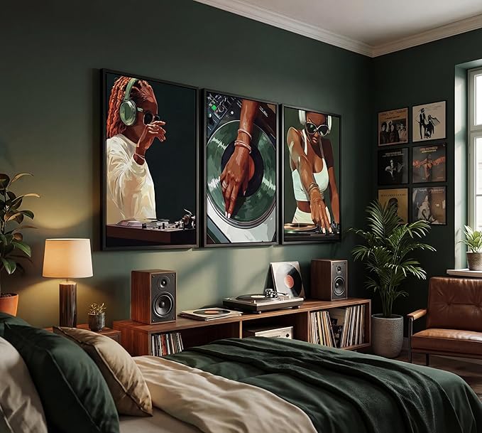 3pcs Trendy Black Girly Dj Canvas Wall Art Fashion African American Black Women Posters Prints Paintings Muisc Record Wall Decor Pictures for Bedroom Living Room Decoration Unframed