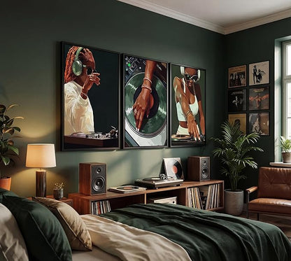 3pcs Trendy Black Girly Dj Canvas Wall Art Fashion African American Black Women Posters Prints Paintings Muisc Record Wall Decor Pictures for Bedroom Living Room Decoration Unframed
