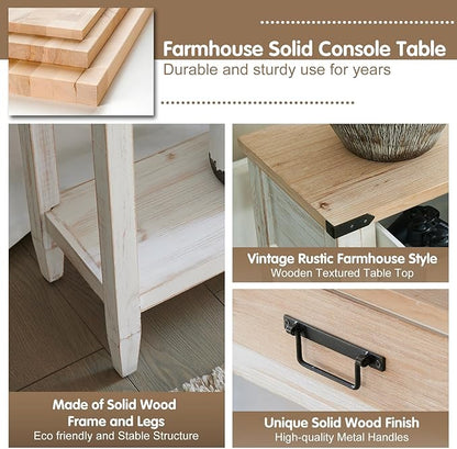 RUSTOWN Farmhouse Console Table with 4 Drawer, 60" Long Rustic Entryway Table with Open Storage Shelves and Handmade Metal Handle, Narrow Foyer Sofa Table for Living Room, Entryway, Hallway(White)