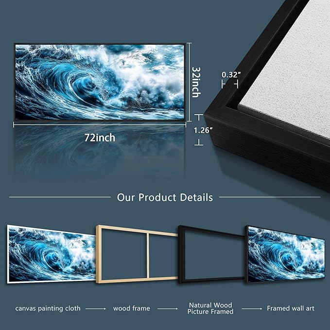 ERQINHUA Wall Art For Living Room Wall Decor For Bedroom Ocean Inspiration Pictures Blue Wave Canvas Printing Wall Paintings Office Mural Posters Modern Home Decor Aesthetics 32x72 In Black Framed