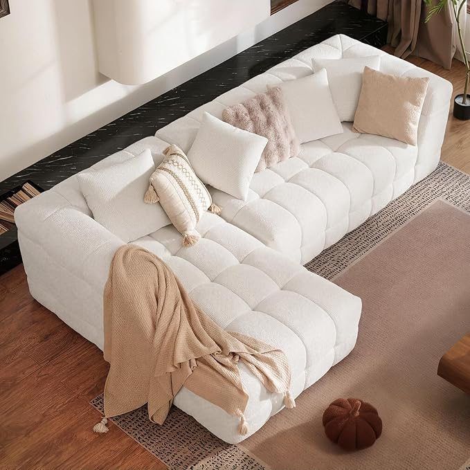 107" Chenille Boneless Couch with L - Shaped Chaise, Comfy Modular Sectional Sofa with Tufted Design, Modern Upholstered Sofa, No - Assembly Sectional Couch, Oatmeal | Modular Sectional, Tufted Design, Modern Upholstered, No-Assembly