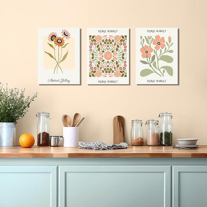 SKYRISE 3 PCS Boho Floral Canvas Wall Art, Rustic Botanical Canvas Paintings Prints ArtWork for Living Room, Vintage Flower Pictures for Farmhouse Dining Room Hallway Bedroom Wall Decor 12"x16"