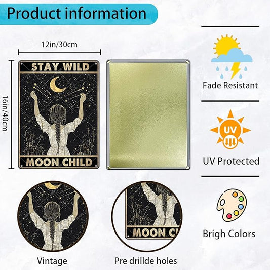 Moon Girl Wall Decor Stay Wild Moon Child Metal Tin Sign Retro Wall Decor for Bathroom Living Room Coffee Bar 16x12 Inch