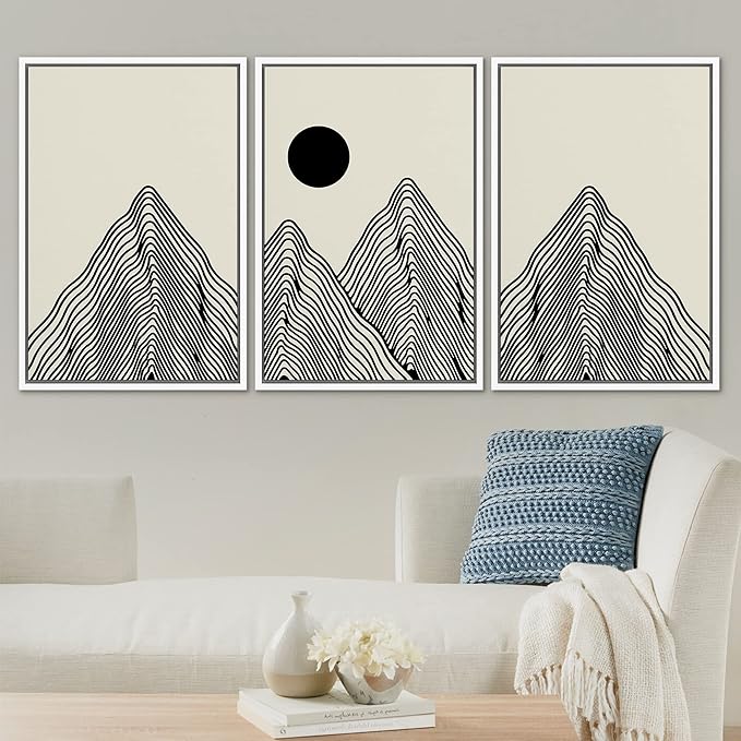 SIGNLEADER Framed Canvas Print Wall Art Set Geometric Mountain Range Sun Landscape Nature Wilderness Illustrations Modern Art Minimalism Decorative for Living Room, Bedroom, Office - 24"x36"x3 WHITE