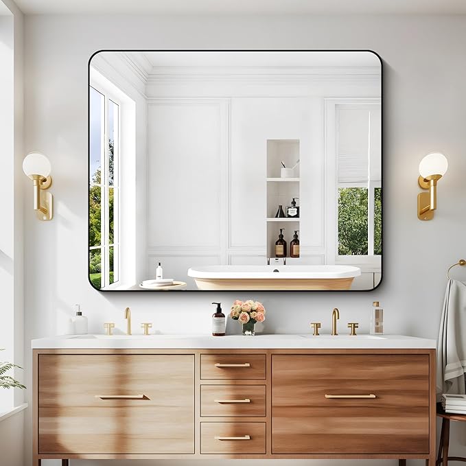 DESBING 40" x 48"Bathroom Mirror, Matte Black Wall Mirror with Metal Frame, Decorative Rectangular Vanity Mirror for Bedroom Bathroom Living Room Entryway (Horizontal/Vertical)