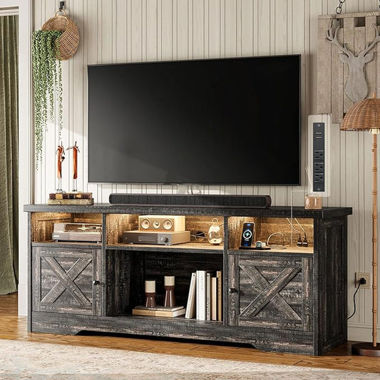 Casaottima TV Stand for 65 Inch TV, Farmhouse Entertainment Center with Power Outlet & LED Light and Storage Cabinets, Console Table and Media Furniture for Living Room Bedroom, Dark Oak