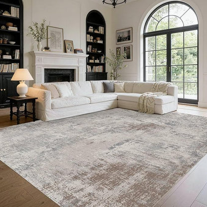 9x12 Area Rug for Living Room, Large Washable Rug, Soft Neutral Abstract Rug for Bedroom, Office, Farmhouse, Low Pile Imitation Wool Non Slip Carpet Ideal for High-Traffic Areas, Blue Grey