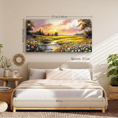 crmotu Nature Sunset Wall Art, Pastoral Extra Large Landscape Painting, River Meadow Wildflower Canvas Prints, Rustic Wall Pictures for Living Room Dining Room Farmhouse Decor Ready to Hang 29X57 In