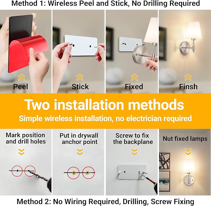 Vimhou Peel and Stick Wall Sconces, Stick On Wall Sconce Set of 2, Battery Operated Wireless Wall Light, No Drill Adhesive Wall Lamp, Corn Bulb with 10000mAh Rechargeable Battery, Bedroom Wall Decor