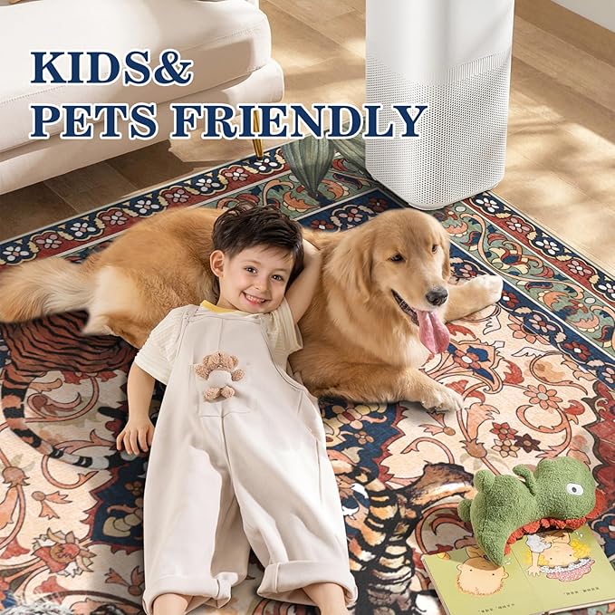 Tiger Washable Area Rugs for Living Room 5x7Ft Non Slip, Botanical Jungle Bedroom Rugs, Soft Boho Animal Printed Kids Nursery Floor Carpets for Dining Room Dorm Farmhouse Office, Red Blue
