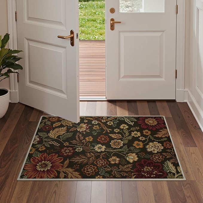 GENIMO 2X3 Washable Doormat, Vintage Floral Print Non-Slip Low Pile Chenille Area Rug, Small Entry Mat for Entrance Hallway Kitchen Bathroom, Floral Brown