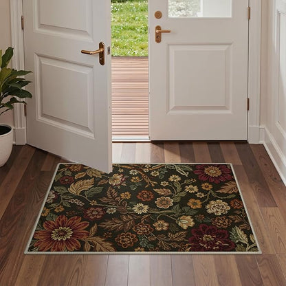 GENIMO 2X3 Washable Doormat, Vintage Floral Print Non-Slip Low Pile Chenille Area Rug, Small Entry Mat for Entrance Hallway Kitchen Bathroom, Floral Brown