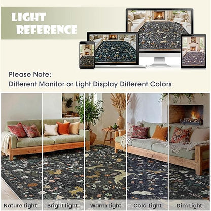 6x9 Area Rugs Washable Rug: Lagre Boho Living Room Rug Soft Non-Slip Thin Carpet Indoor Floor Non-Shedding Neutral Floral Carpets for Bedroom Dining Room Farmhouse Nursery Black
