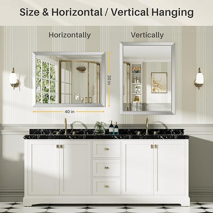 40x30 Inch Brushed Silver Bathroom Mirror for Wall, Thick Metal Framed Rectangle Mirrors for Over Sink, Bedroom, Living Room, Entryway, Anti-Rust, HD Tempered Glass