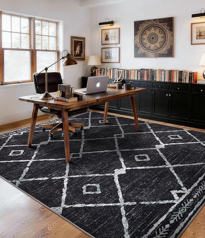 YIHOUSE Moroccan Rugs for Living Room, 8x10 Black and White Aztec Area Rug, Western Geometric Soft Low-Pile Washable Rugs for Bedroom, Dining Room
